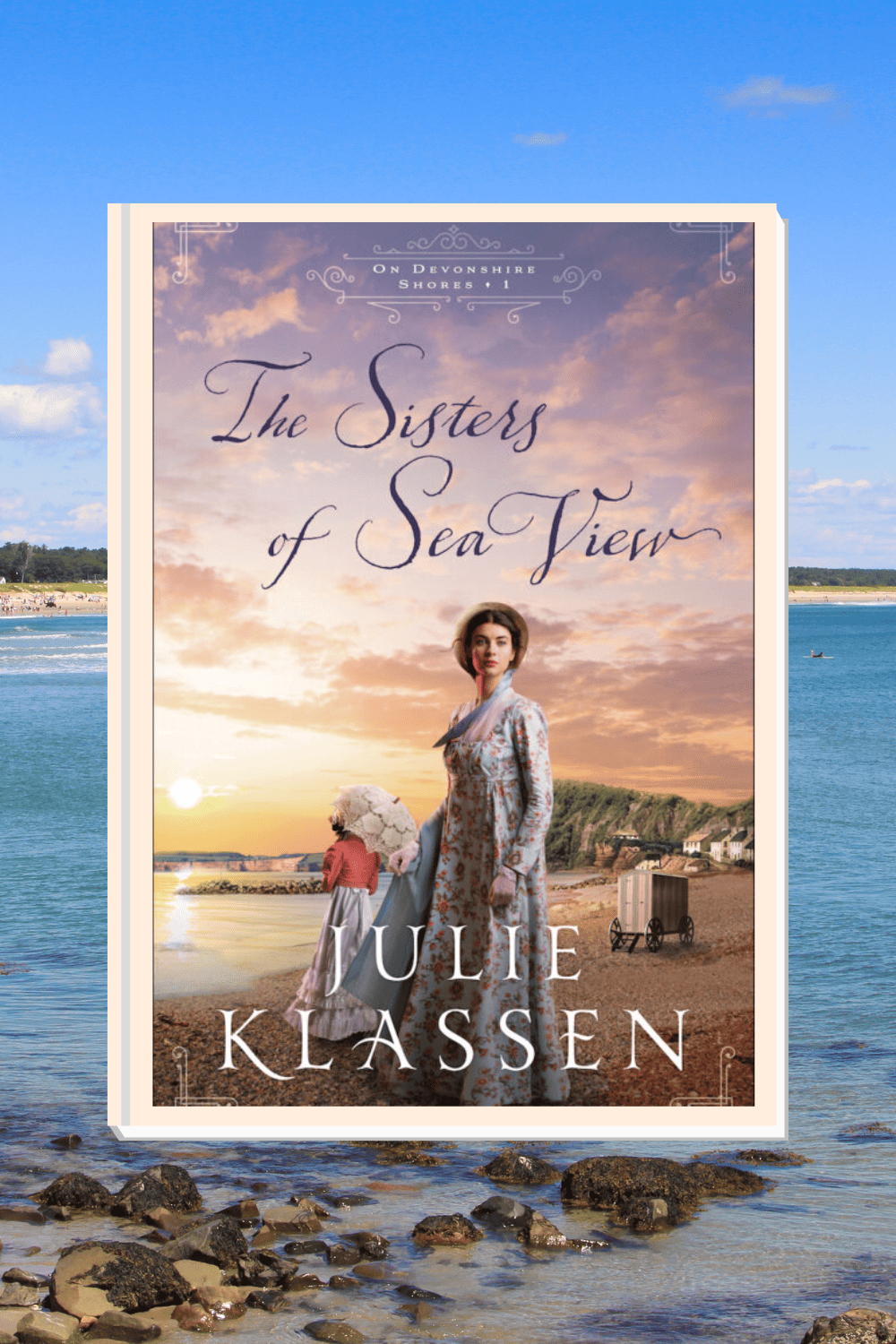 The Sisters of Sea View book cover set against an English coastal backdrop.