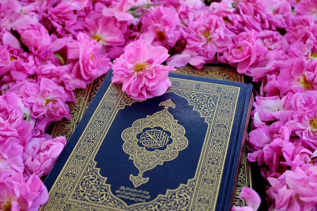 Photo by AmirHadi Manavi a blue and gold book surrounded by pink flowers