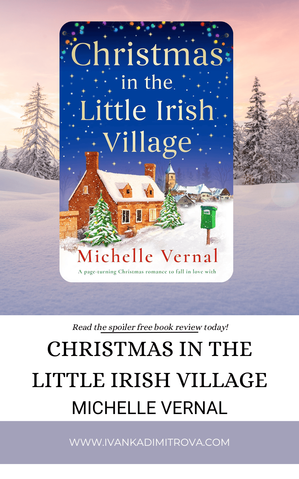 Christmas in the Little Irish Village by Michelle Vernon cover in front of a snowy country background